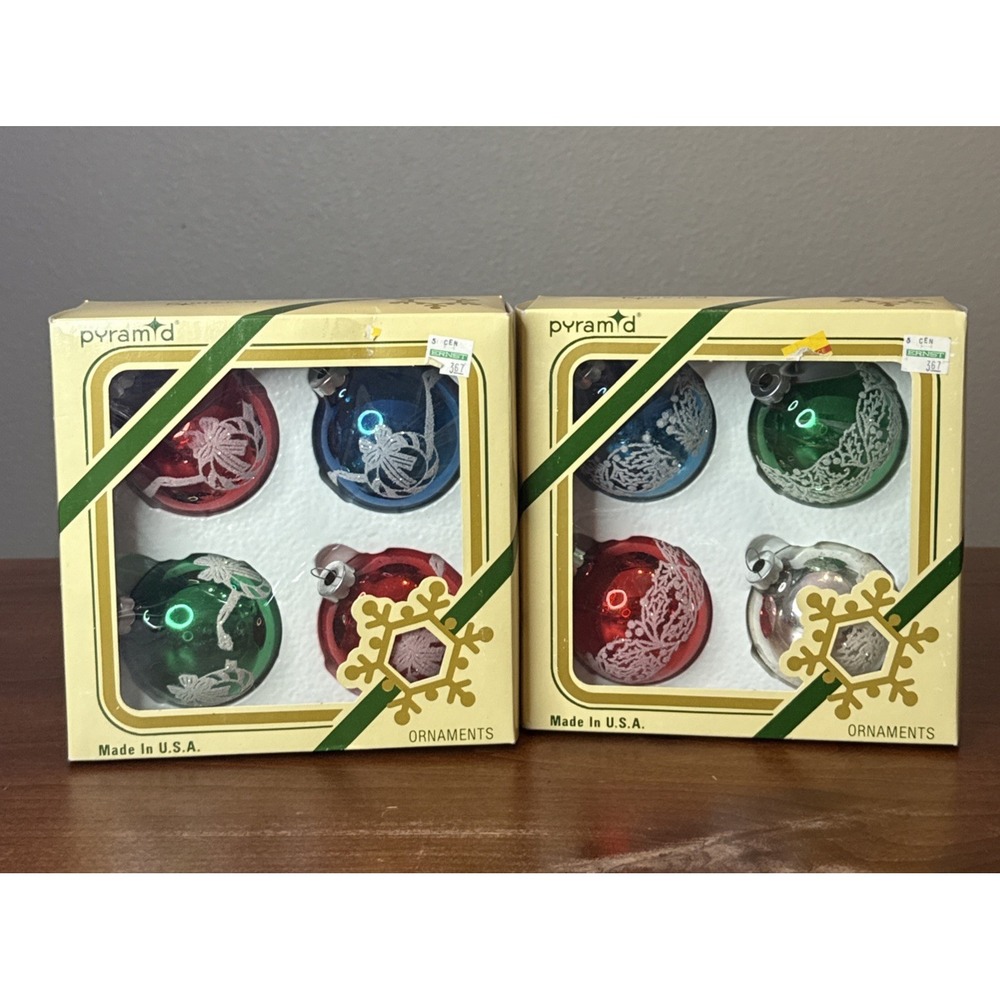 VTG Pyramid Glass Stenciled Mica Glitter Christmas Ornaments Set of 8 Wreath Hol